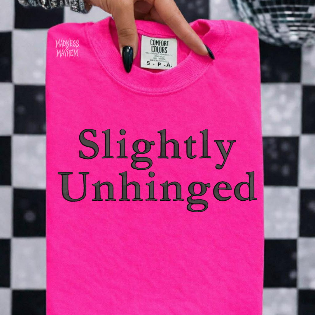 Neon pink slightly unhinged embroidered tshirt