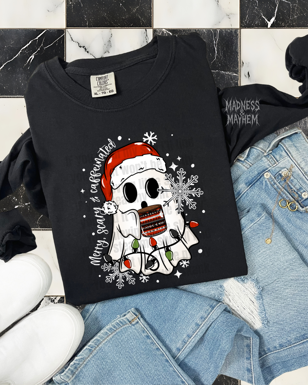 merry scary caffeinated ghost long sleeve tee