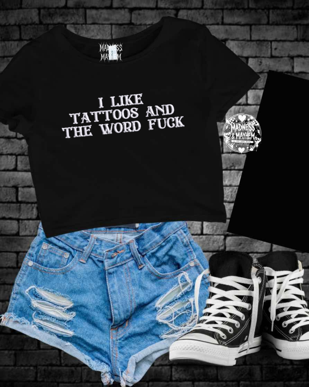 tattoos and the word fuck embroidered cropped tee