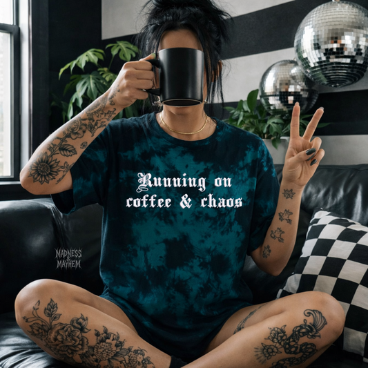 Teal coffee & chaos embroidered tie dye T-shirt