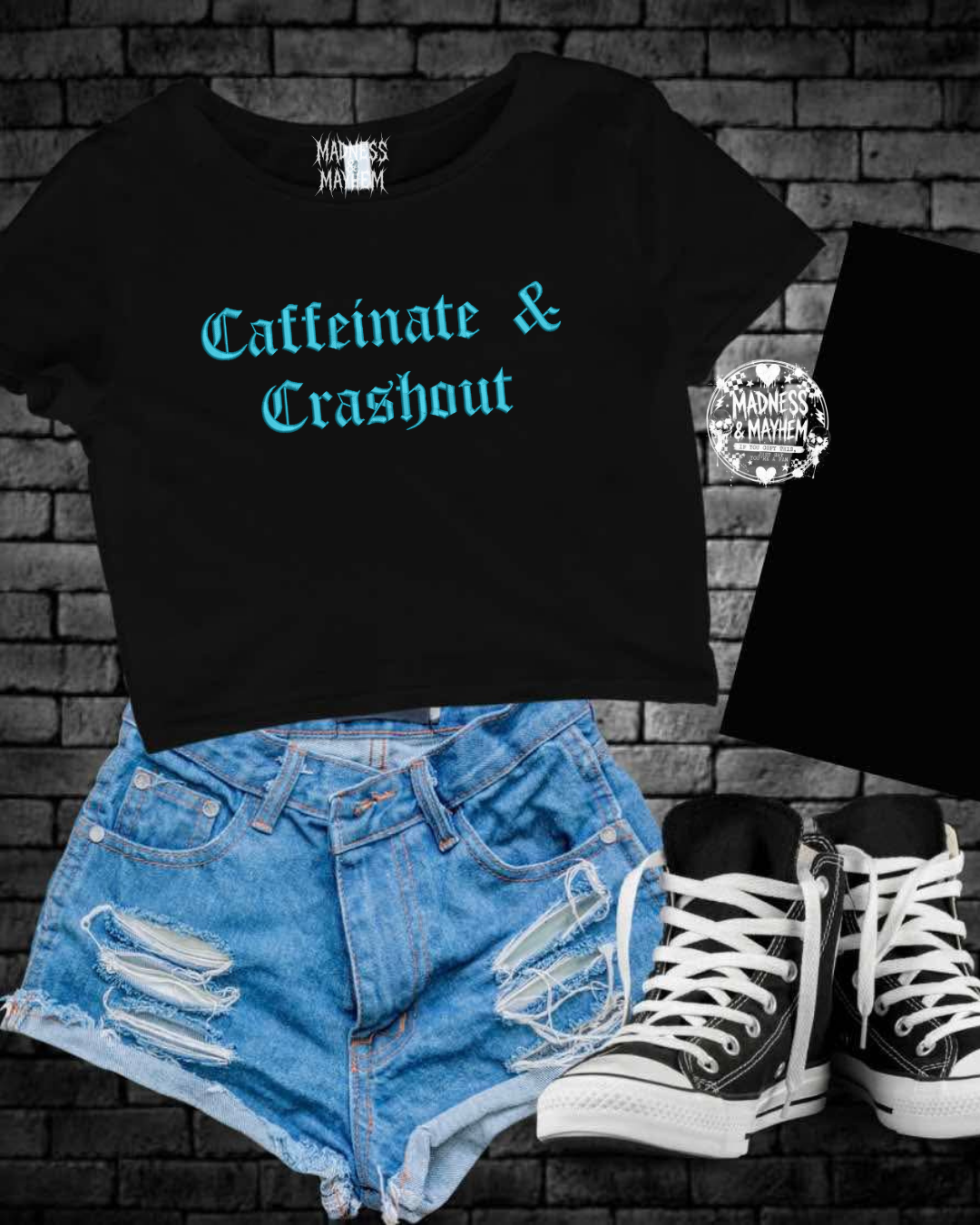 caffeinate & crashout embroidered cropped tee