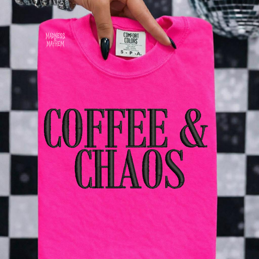 Neon pink coffee & chaos embroidered tshirt