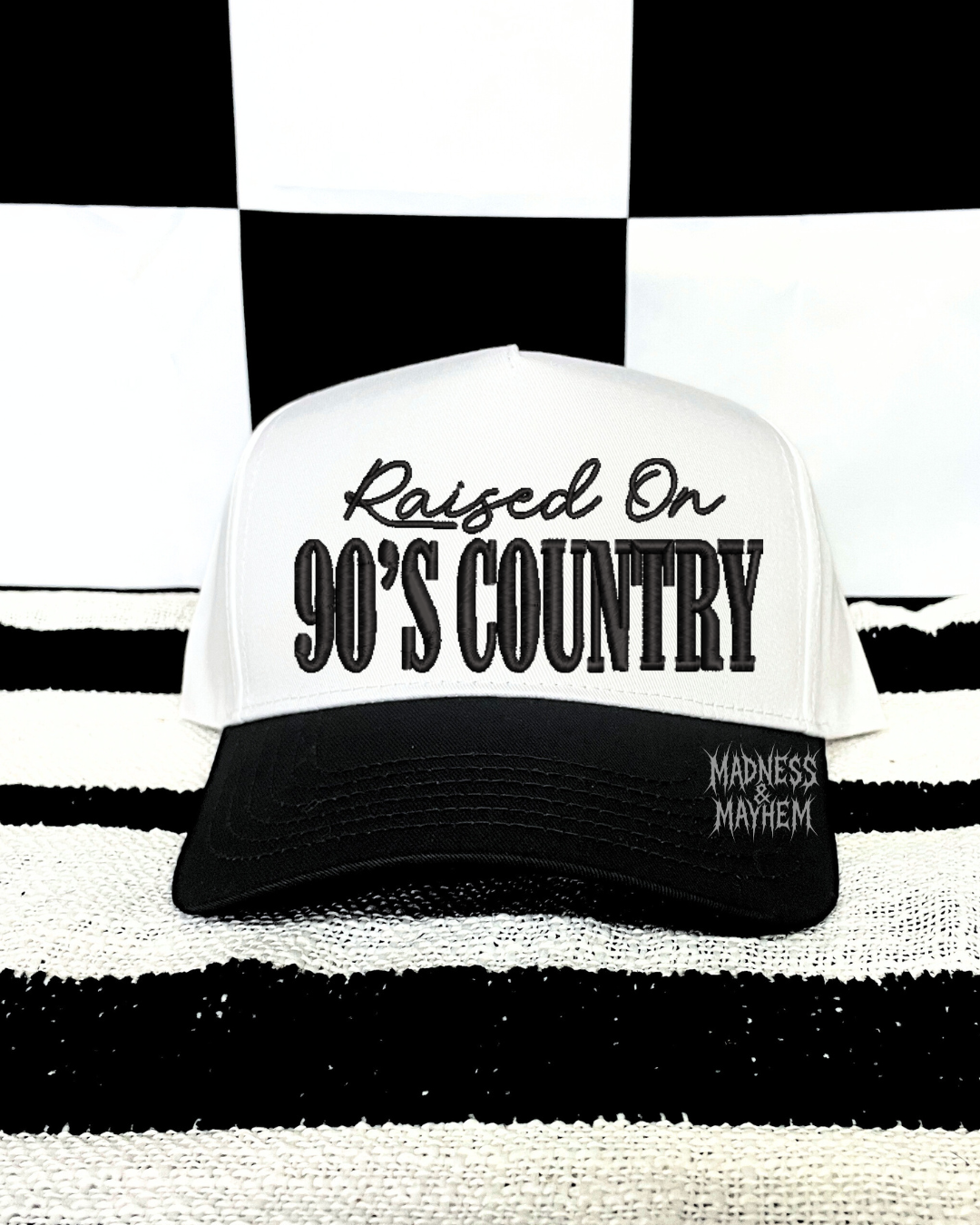 Raised on 90s country embroidered hat (black/white)