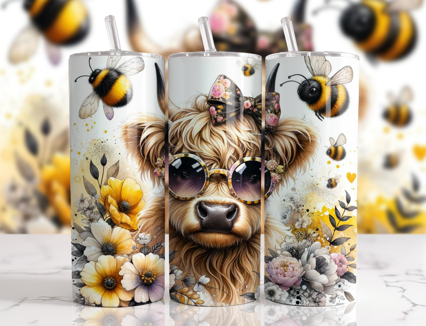 Highland Cow Bee 20z Tumbler Wrap (sublimation transfer))