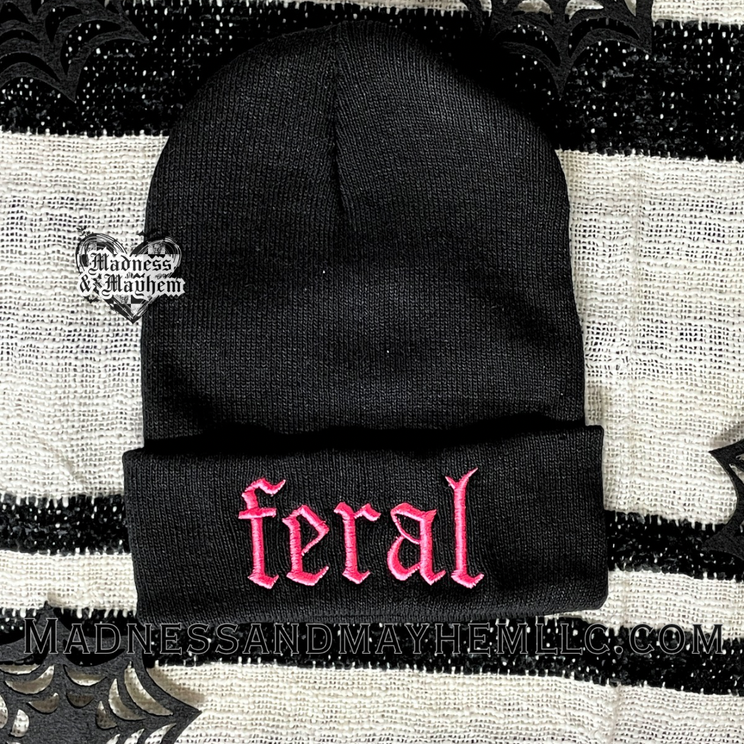 Neon Pink Feral embroidered beanie
