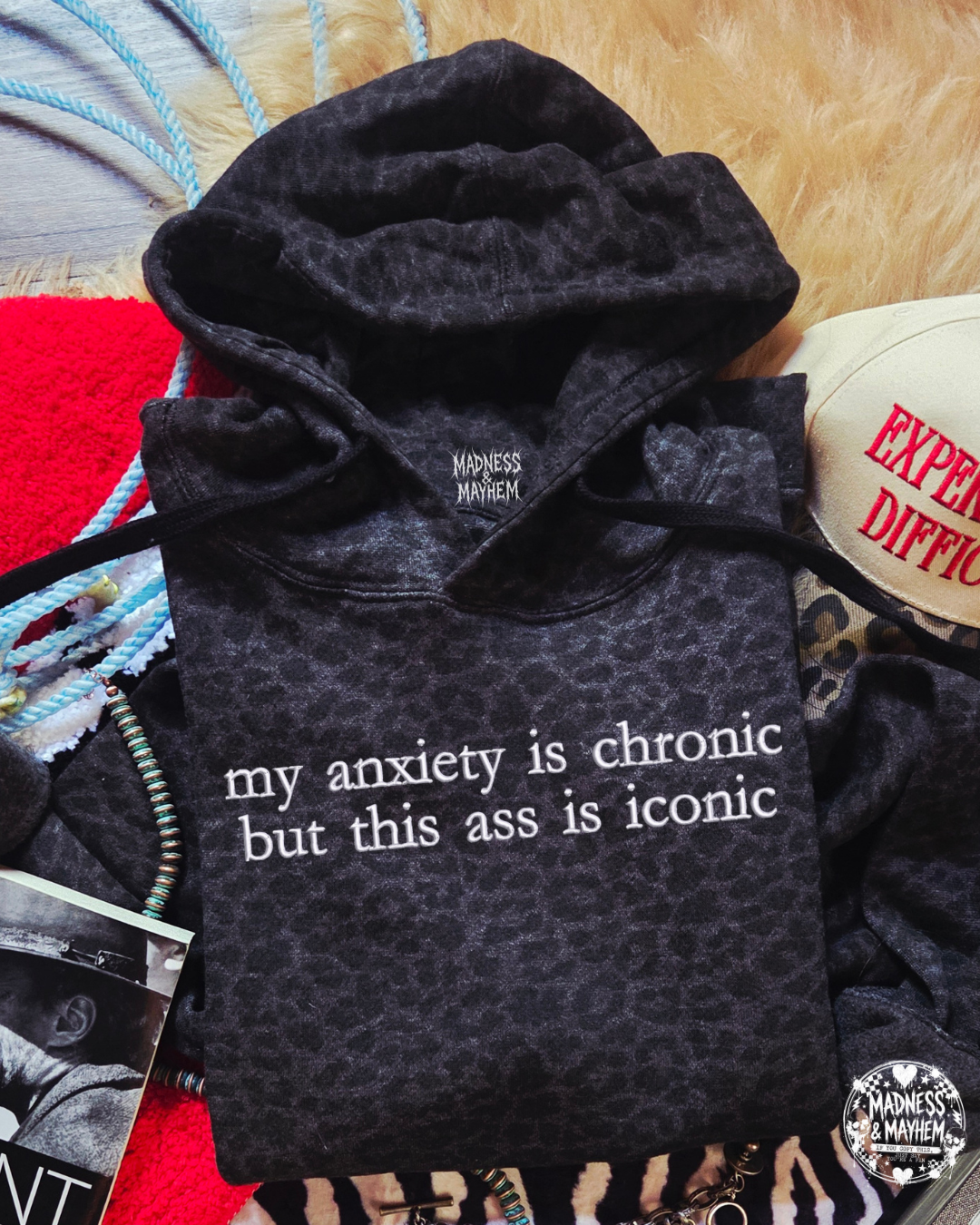 my anxiety is chronic embroidered leopard Hoodie