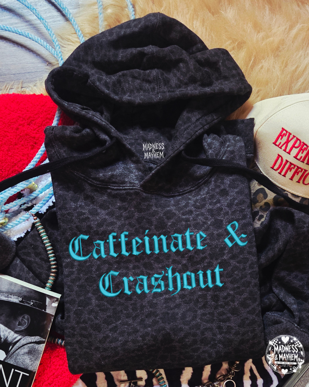 Caffeinate & crashout embroidered leopard Hoodie