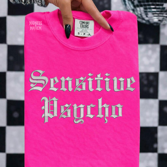 Neon pink sensitive psycho embroidered tshirt
