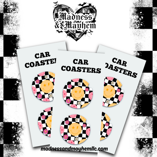 Retro Checkered Smiley Car Coasters (Finished Product)