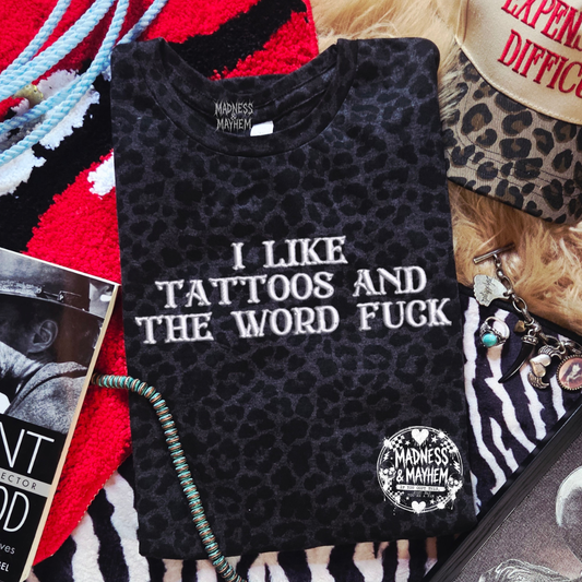 Tattoos & the word fuck embroidered leopard print T-shirt