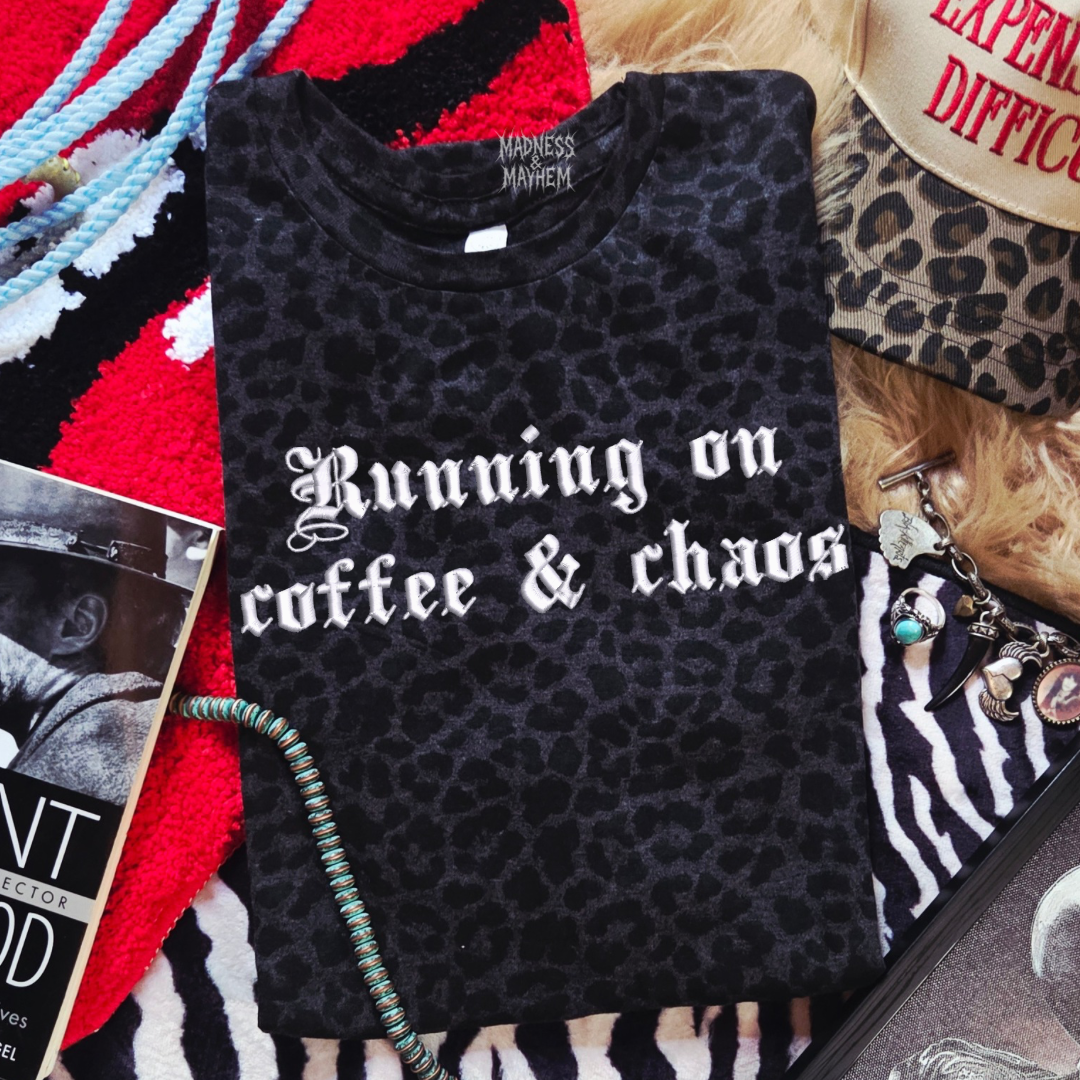 Coffee & chaos embroidered leopard print T-shirt