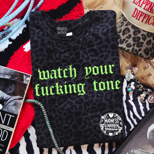 Watch your tone embroidered leopard print T-shirt