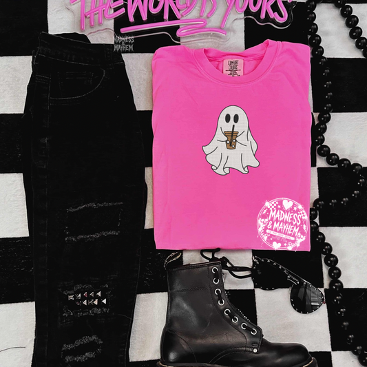 Neon pink iced coffee ghost embroidered tshirt
