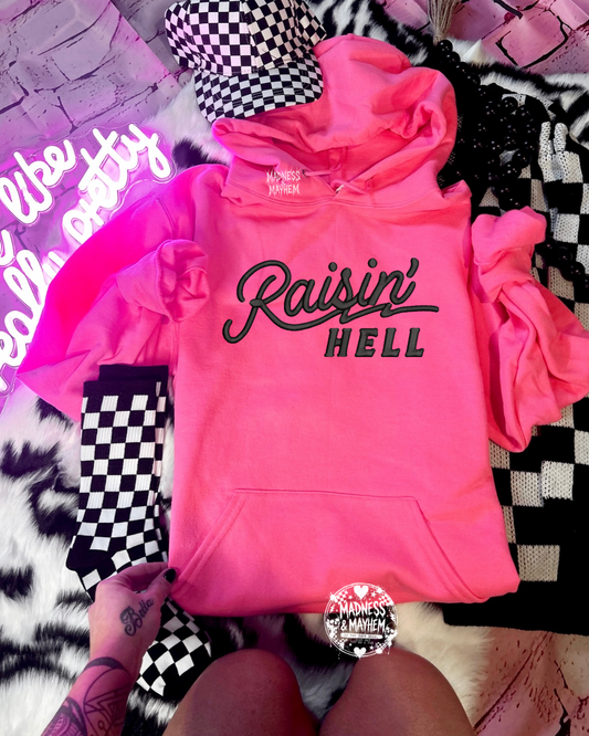 Neon pink raisin hell Embroidered Hoodie