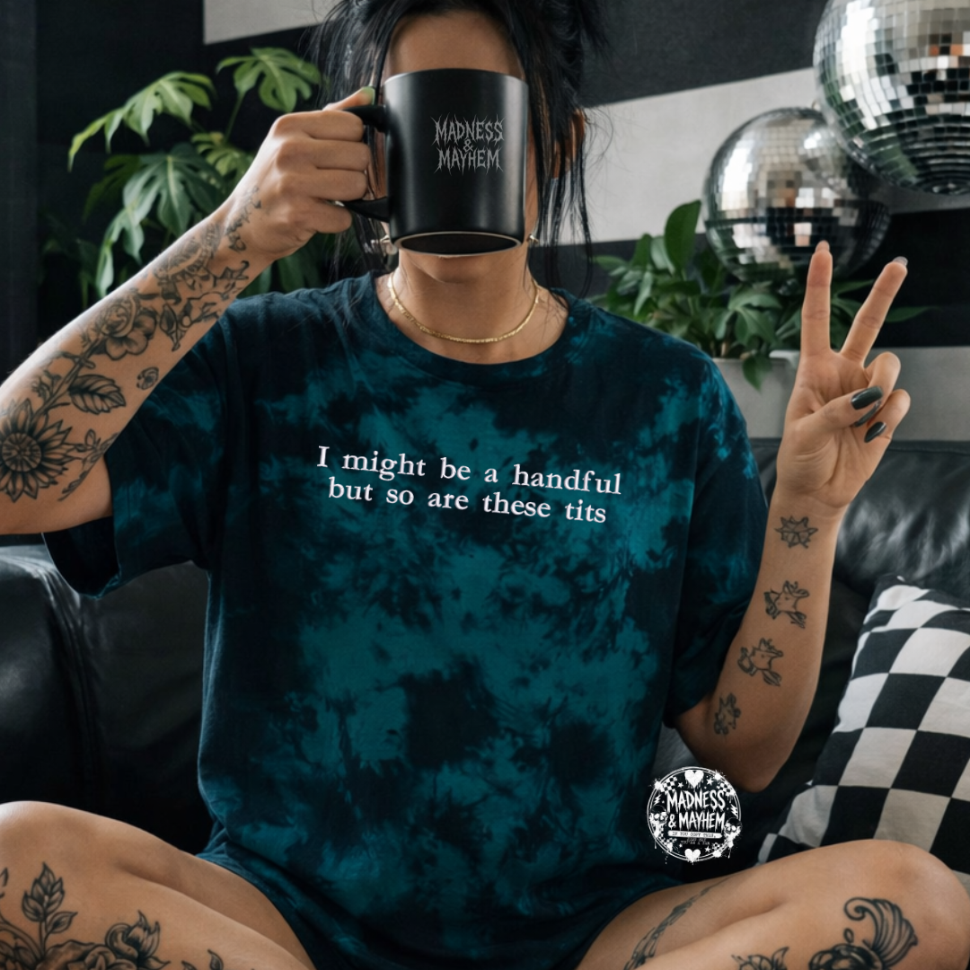 Teal Handful tits embroidered tie dye T-shirt
