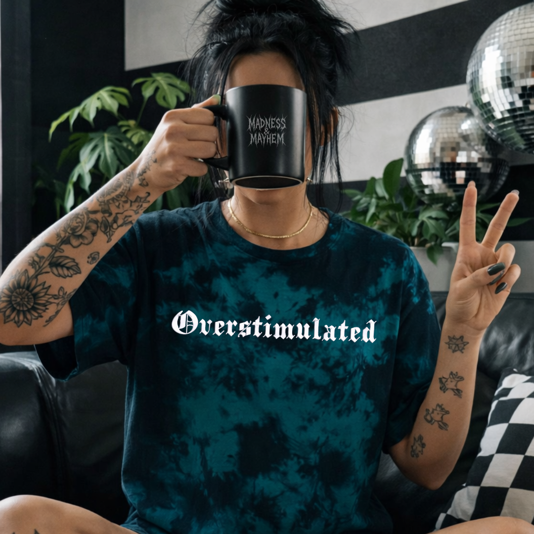 Teal overstimulated embroidered tie dye T-shirt
