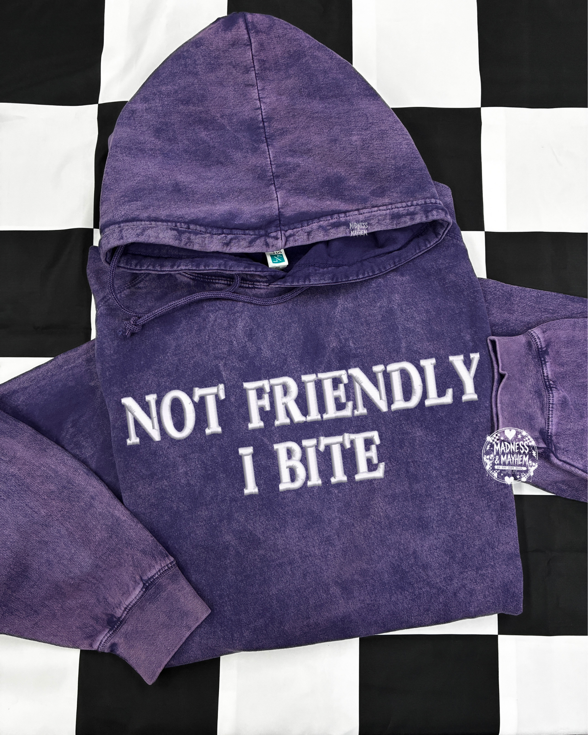 Purple not friendly I BITE mineral wash Hoodie