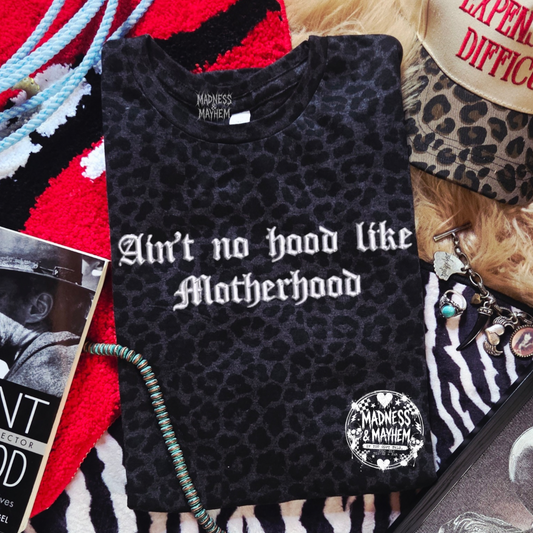No hood like motherhood embroidered leopard print T-shirt