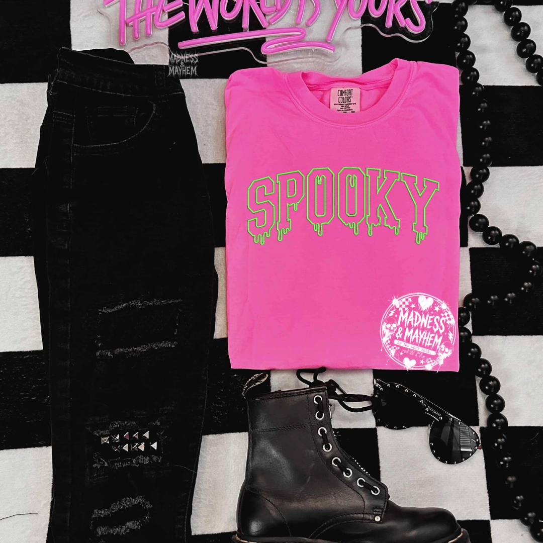 Neon pink spooky drip embroidered tshirt