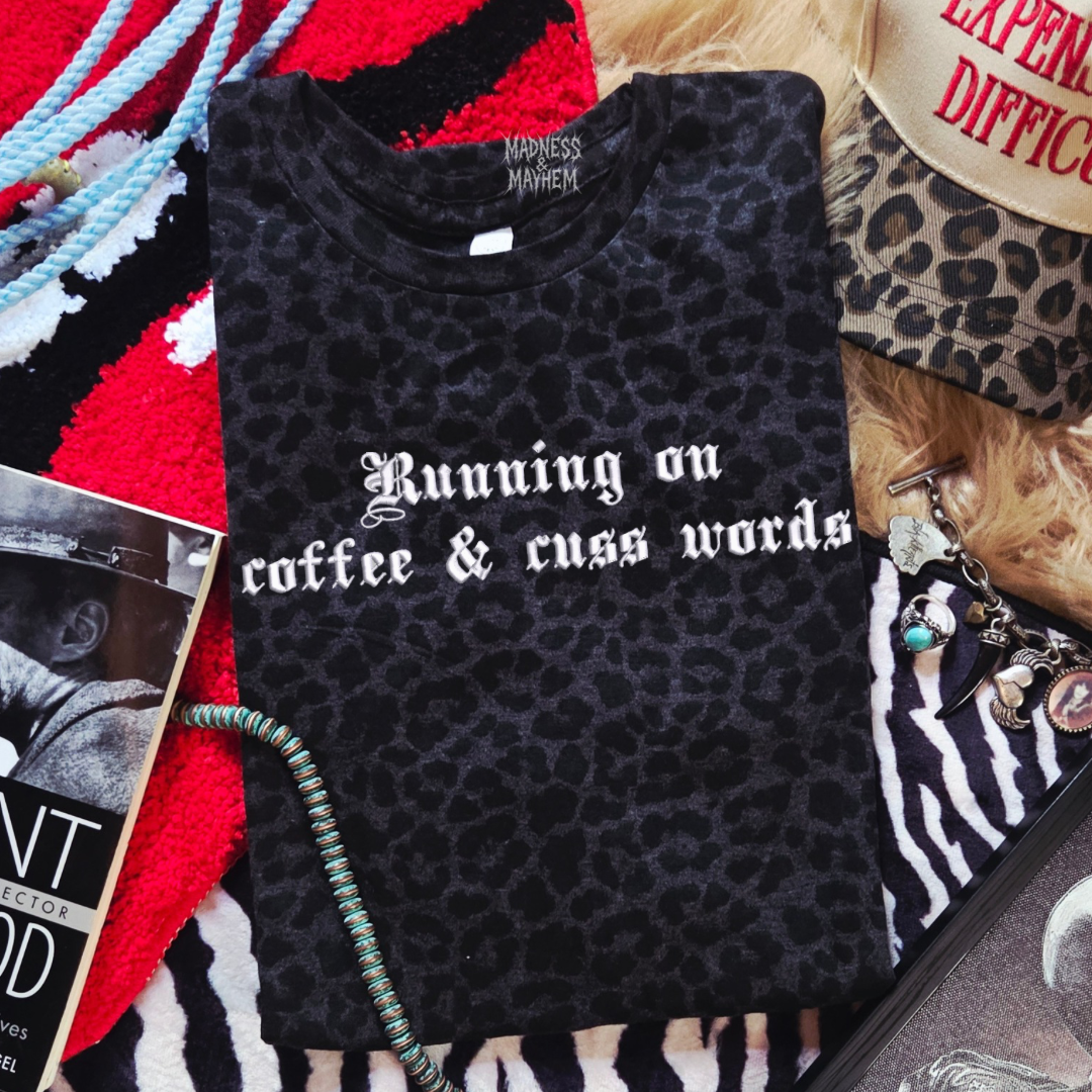 Coffee & cuss words embroidered leopard print T-shirt