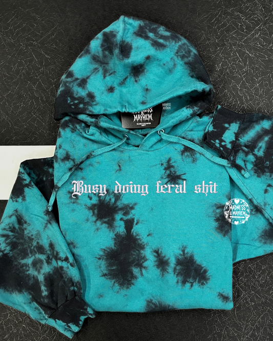 Teal busy doing feral shit embroidered Hoodie