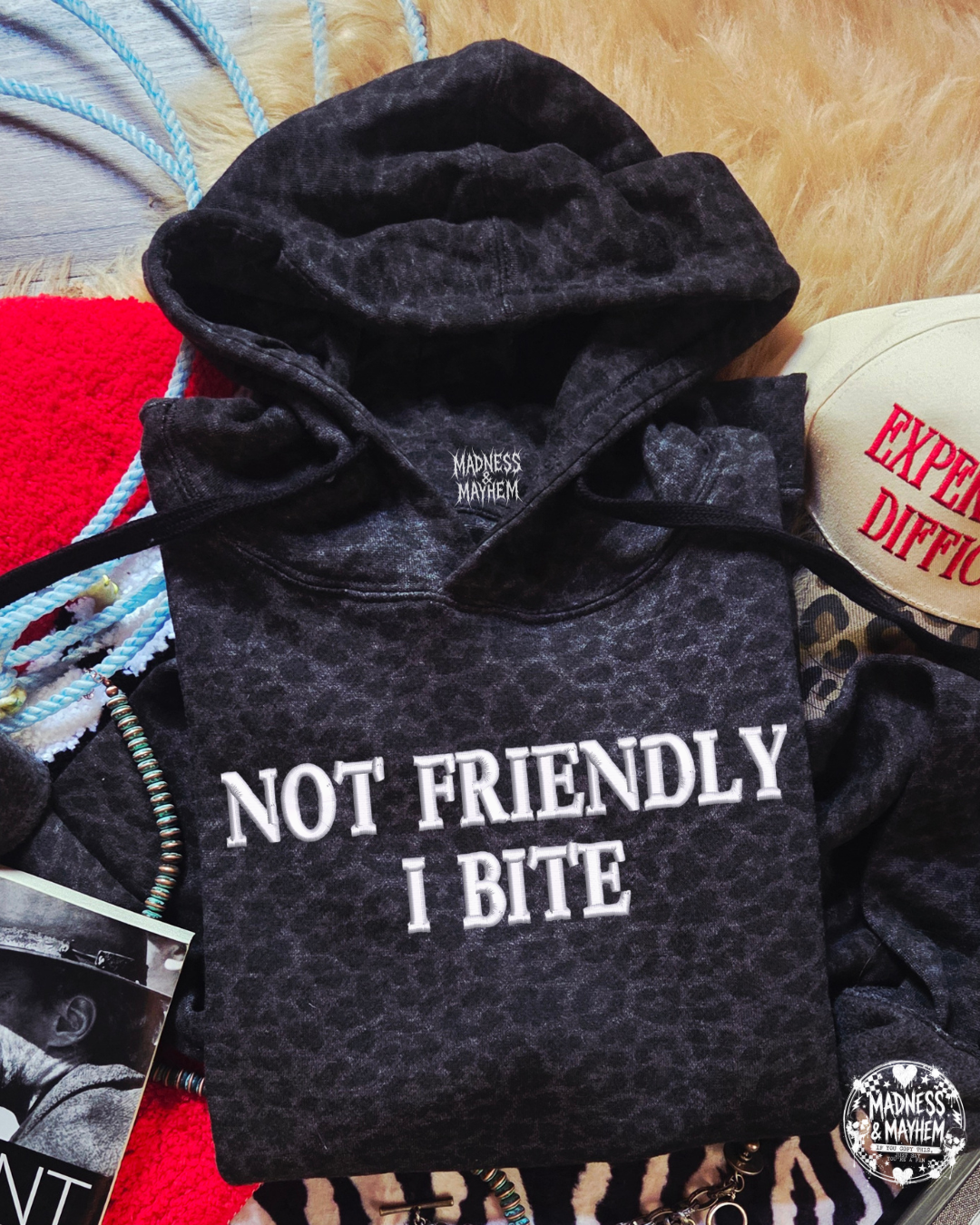 Not friendly I bite embroidered leopard Hoodie