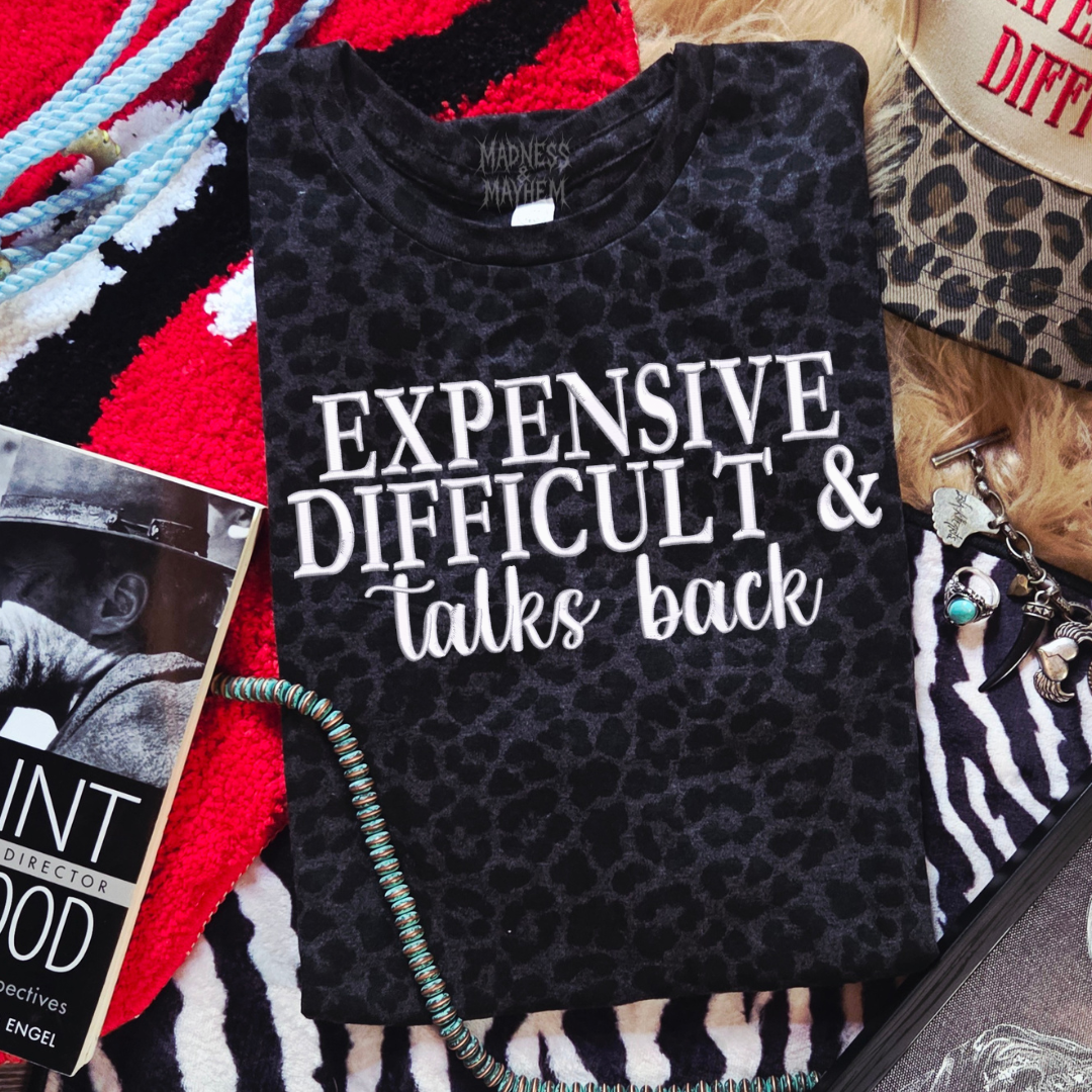 Expensive difficult talks back embroidered leopard print T-shirt