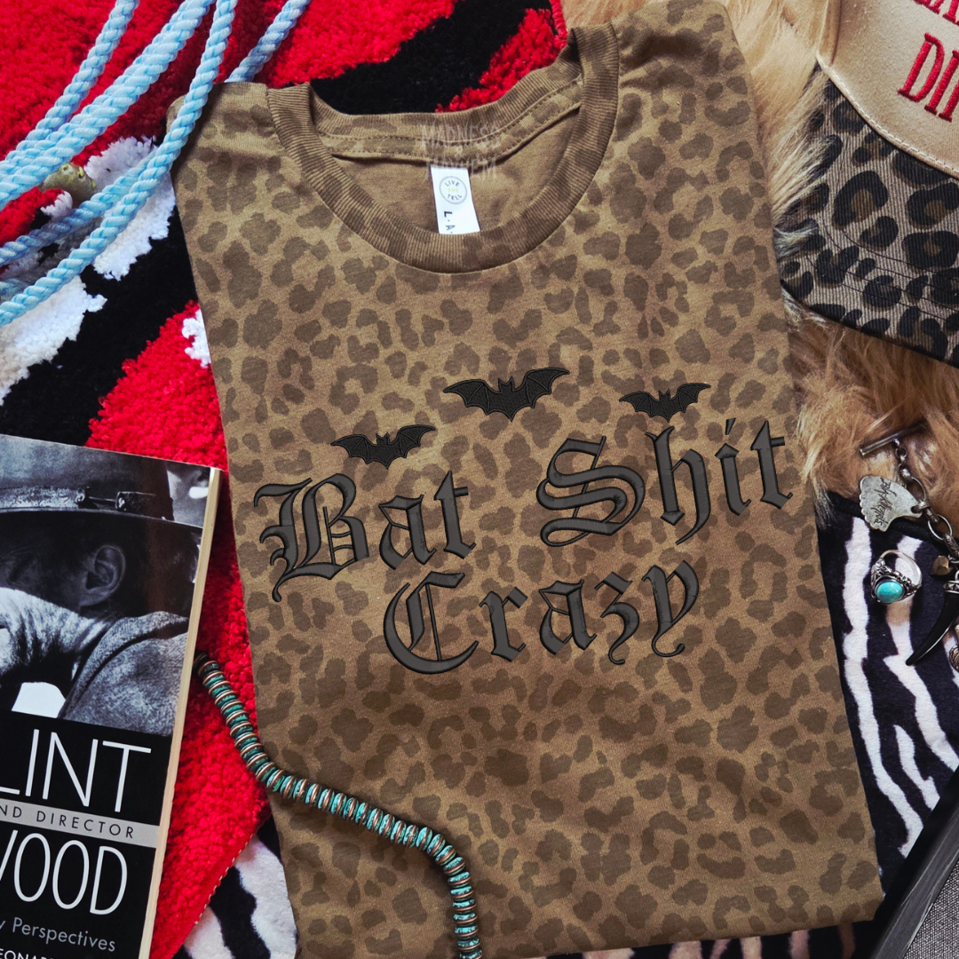 Bat shit crazy embroidered leopard print T-shirt