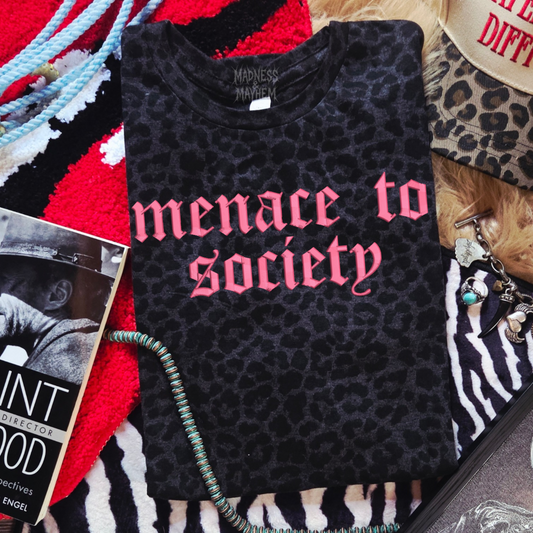 Menace to society embroidered leopard print T-shirt
