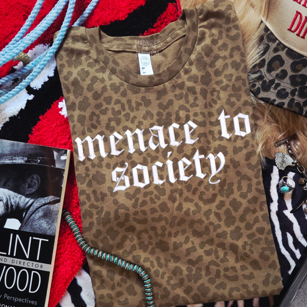 Menace to society embroidered leopard print T-shirt