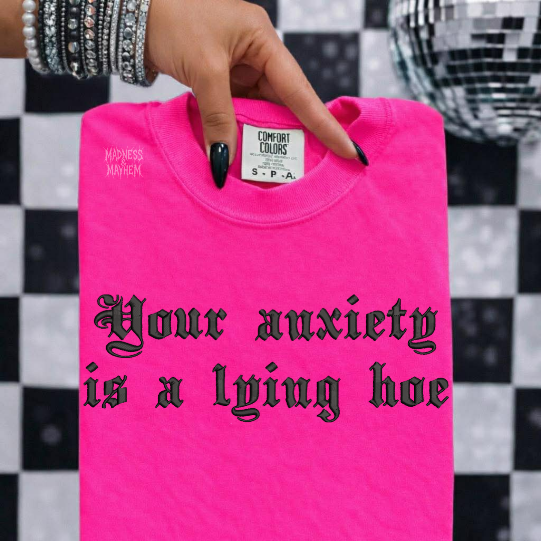 Neon pink anxiety embroidered tshirt