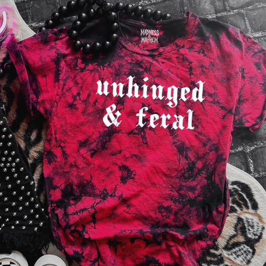 Unhinged & feral embroidered tie dye T-shirt