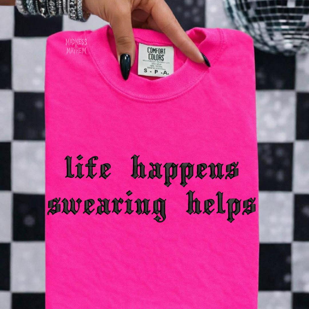 Neon pink life happens embroidered tshirt