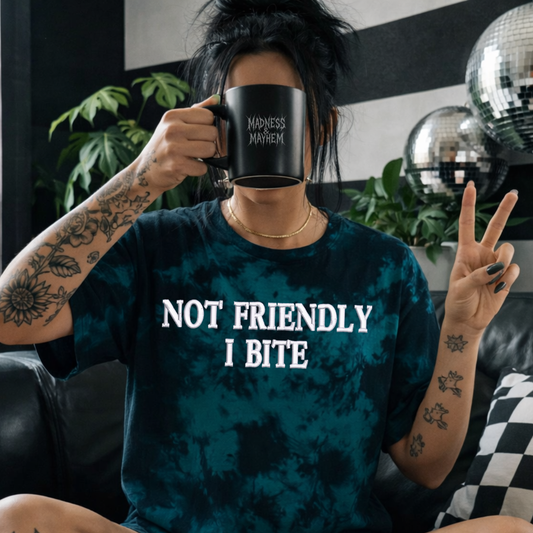 Teal not friendly I bite embroidered tie dye T-shirt