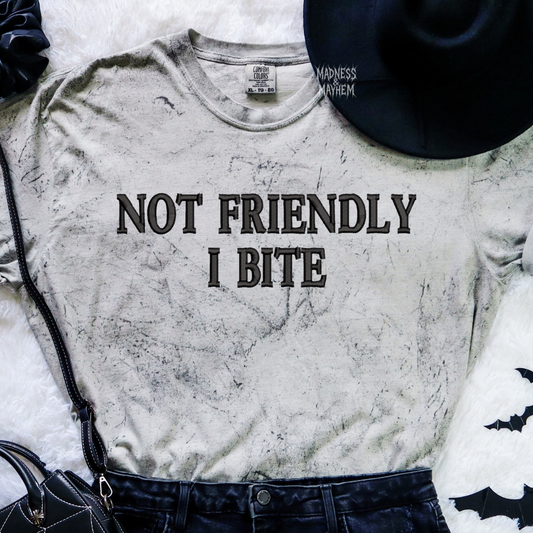 Not friendly I bite embroidered color blast tshirt