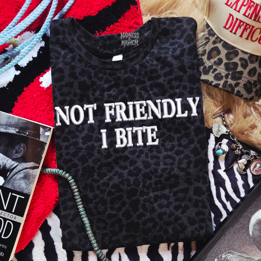 Not friendly I bite embroidered leopard print T-shirt