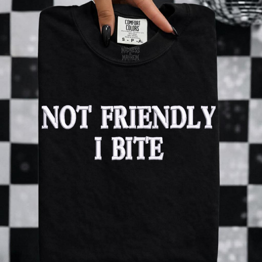 Not friendly I bite embroidered tshirt