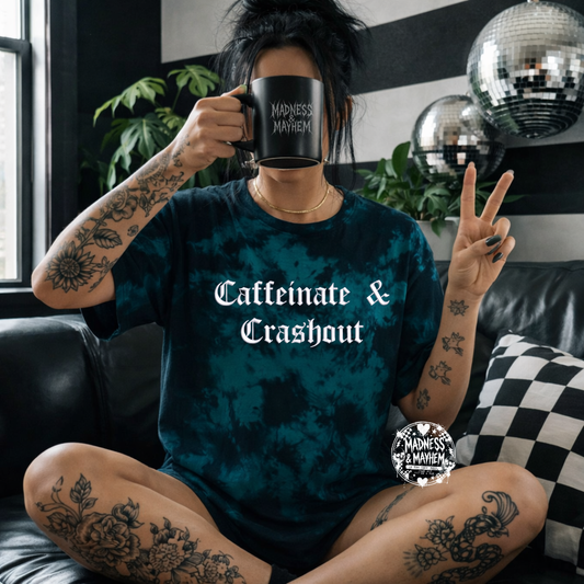 Teal caffeinate & crashout embroidered tie dye T-shirt