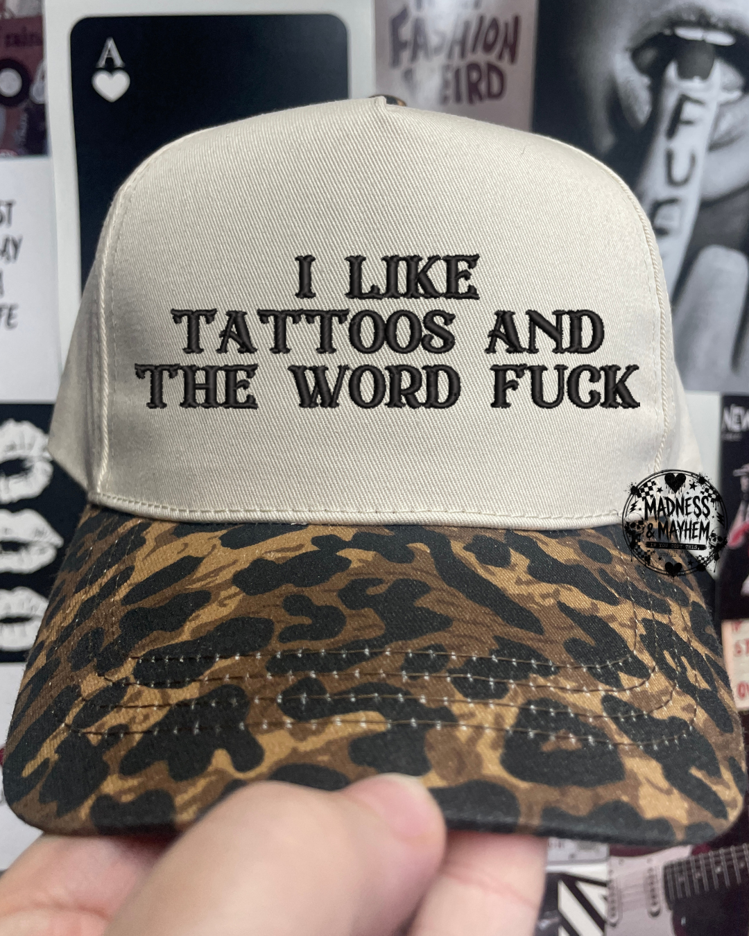 Tattoos & the word fuck Leopard embroidered hat