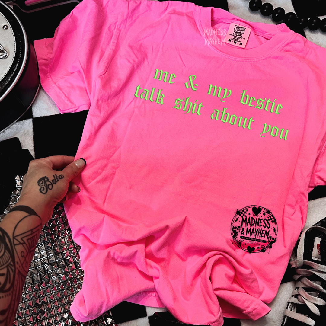 Neon pink Besties embroidered tshirt
