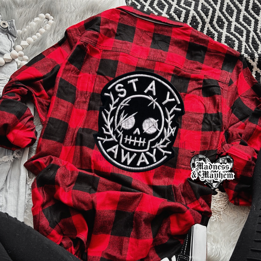 Stay Away Faux Embroidered Patch Flannel