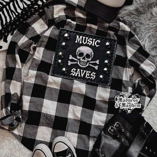 Music Saves Faux Leather Patch Flannel