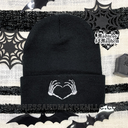 Skeleton heart hands embroidered beanie