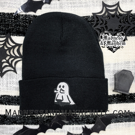 Middle finger ghost embroidered beanie