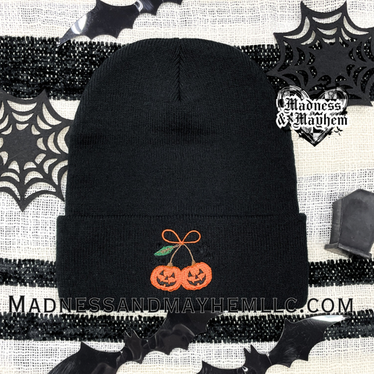 Pumpkin cherries embroidered beanie