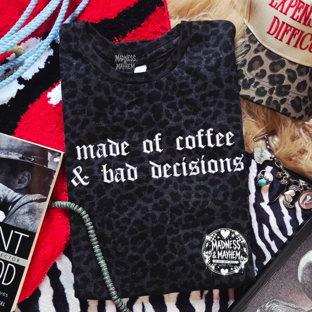 Coffee & bad decisions embroidered leopard print T-shirt