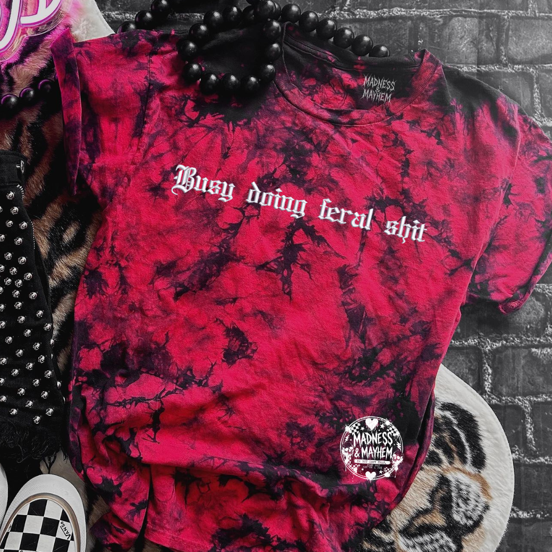 Red busy doing feral embroidered tie dye T-shirt