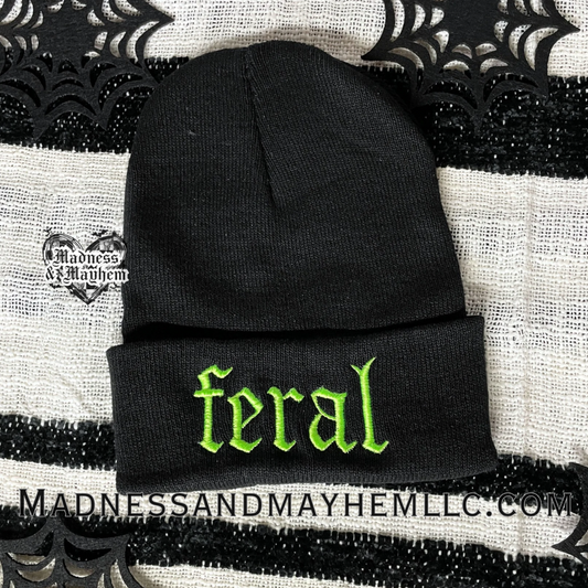 Neon Green Feral embroidered beanie