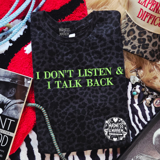 I don’t listen embroidered leopard print T-shirt