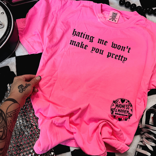 Neon pink Hating me embroidered tshirt